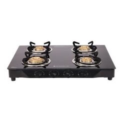 Glory 4 Burner Glass Cooktop, Black 8mm Toughened Glass With 2 Years Warranty, Ergonomic Knobs, Stainless Steel Drip Tray, Manual Ignition Gas Stove